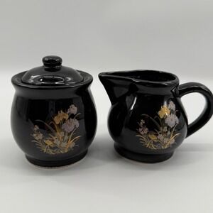 Floral Black Sugar Bowl Creamer Set Taiwan Iris Gold Accent Kitchen Serving